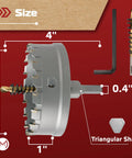 Heavy Duty 4 Inch Carbide Hole Saw for Hard Metal With Two Titanium Plated Pilot Drill Bits and Safety Stopper diagram