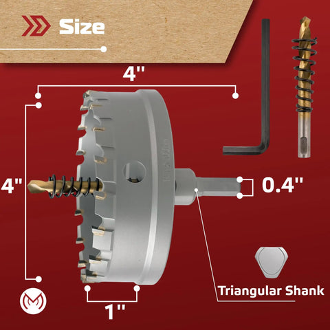 Heavy Duty 4 Inch Carbide Hole Saw for Hard Metal With Two Titanium Plated Pilot Drill Bits and Safety Stopper diagram