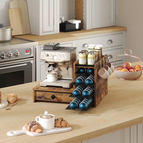 Coffee Pod Drawer Organizer, 4 Tier Holder For Vertuo, 72 Pod Capacity, on kitchen counter with coffee machine and hooks.