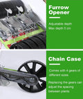Hand Push Garden Seeder For Row Crops with furrow opener and chain case, adjustable depth 0-5cm, spacing 3-50cm visible