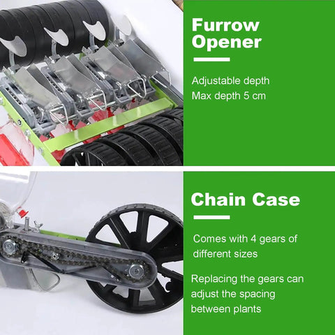 Hand Push Garden Seeder For Row Crops with furrow opener and chain case, adjustable depth 0-5cm, spacing 3-50cm visible
