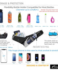 Upgraded No Bounce Hydration Belt With Cut-To-Size Strap for Men And Women, showing bottle compatibility and phone pocket features.