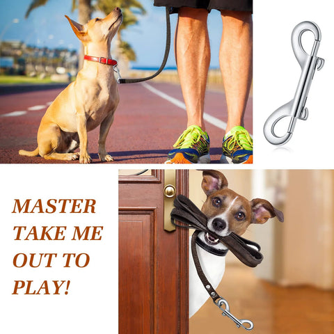 30-piece 3.5-inch silver zinc-alloy double-ended bolt snap hooks; collage shows dog on leash and metal clips
