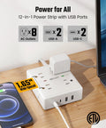 12 In 1 Surge Protector Power Strip With 15 Ft Flat Plug, 8 AC Outlets, 2 USB-C Ports, 2 USB-A Ports, 4-Side Design To Prevent Outlet Blockage, Overload Protection, Power Up Your Home Office And Entertainment Setup on desk