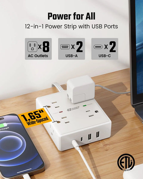 Game Changer Ten Foot Extension Cord With Flat Plug Surge Protector Power Strip with 8 AC outlets and USB ports on a desk.