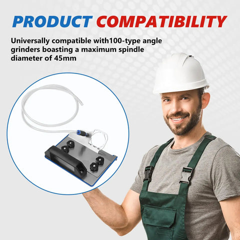 Man holding 45 Degree Tile Chamfering Tool With Stand For Angle Grinders Universal 100 Type Chamfer Kit and hose