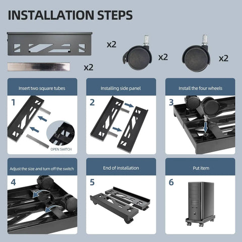 Installation steps for Adjustable Mobile CPU Stand With Ventilated Design, showing components and assembly stages.