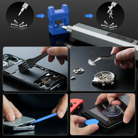 Electric Screwdriver Kit With 144-In-1 Precision Bits shown with tools used for electronics and gadget repair; mobile, watch, and console repairs.