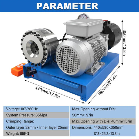 Sciolix 2200W Electric Hydraulic Hose Crimping Machine With 8 Dies For 6 To 25mm ID 35mpa Pressure detailed specifications and dimensions.