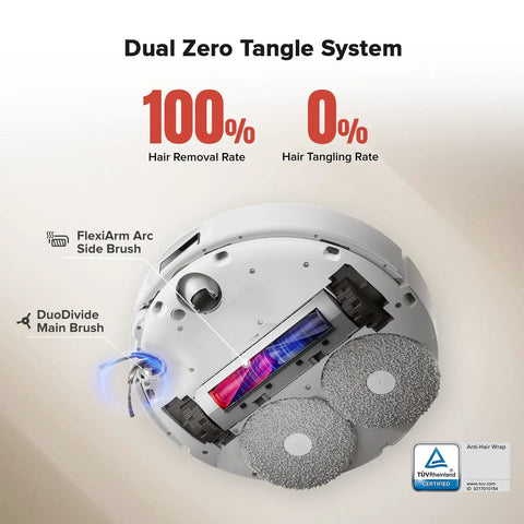 Zero Tangling Brushes Robot Vacuum And Mop With Self Cleaning Dock showing bottom features, FlexiArm and DuoDivide brushes visible