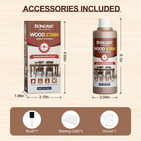Top Shelf Water Based Wood Stain In Rich Teak Tone 250ml bottle with included brush and staining cloth for easy application.