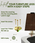Installation guide for 3 Inch Square Wood Furniture Legs Set Of 4 With Levelers, includes screw and plate directions, brown walnut finish