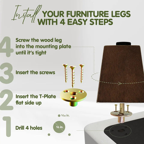 Installation guide for 3 Inch Square Wood Furniture Legs Set Of 4 With Levelers, includes screw and plate directions, brown walnut finish