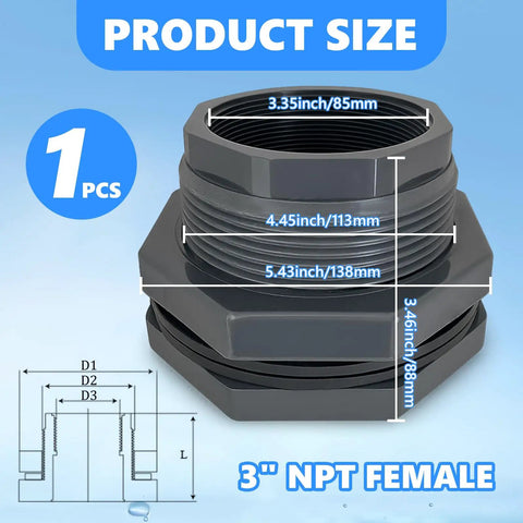 Heavy Duty Three Inch PVC Bulkhead Fitting Kit With Reinforced Seals For Water Tanks Aquariums Rain Barrels And Pools Female