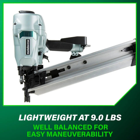 Framing Nailer Pro Preferred Pneumatic Tool With Claw Tip Tool Free Depth Adjustment shown at an angle, lightweight design