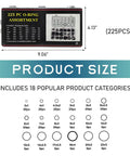 225 Piece Garage Ready Rubber O Ring Kit With 18 Sizes Heat Resistant And Corrosion Resistant O Rings Seal Washers displayed with case and dimensions