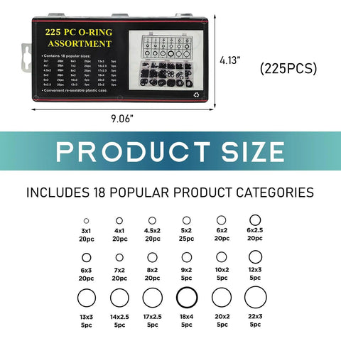 225 Piece Garage Ready Rubber O Ring Kit With 18 Sizes Heat Resistant And Corrosion Resistant O Rings Seal Washers displayed with case and dimensions