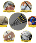 Mini Metal Needle File Set 5pc Dope Pro Grade Hand Files shown with examples of polishing wood, metal, plastic, leather, and stone.