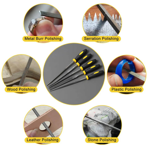 Mini Metal Needle File Set 5pc Dope Pro Grade Hand Files shown with examples of polishing wood, metal, plastic, leather, and stone.