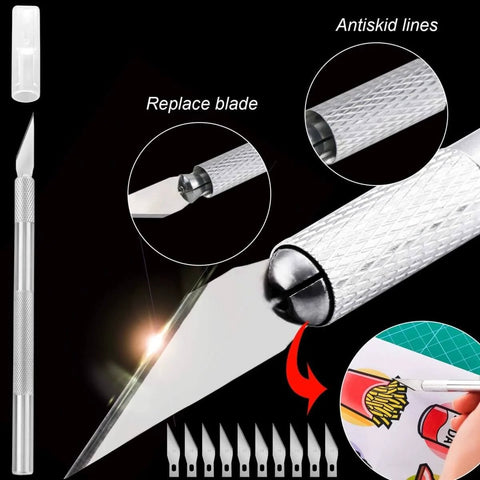 Close-up of craft knife and blades from 30 Piece Precision Craft Weeding Tools Set For Vinyl Weeding And DIY Art Projects.