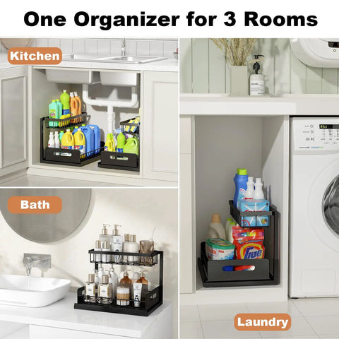 L Shaped Under Sink Organizer 2 Tier Pull Out Cabinet Drawer With Sliding Shelves Metal Under Sink Storage in kitchen, bath, laundry