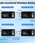 USB Power Meter Tester With 4-25V 5A LCD Display showing voltage and current, multi-functional interface settings for fast charge detection
