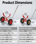 Two Pack Beefy Pipe Transport Cart With 360 Degree Rotating Cradle For Steel And PVC Pipes, Heavy Duty Pipe Dolly Carrier For Construction, Warehouse And Workshop, Handles Up To 1760 Lbs Load. Dimension chart for large and small models.