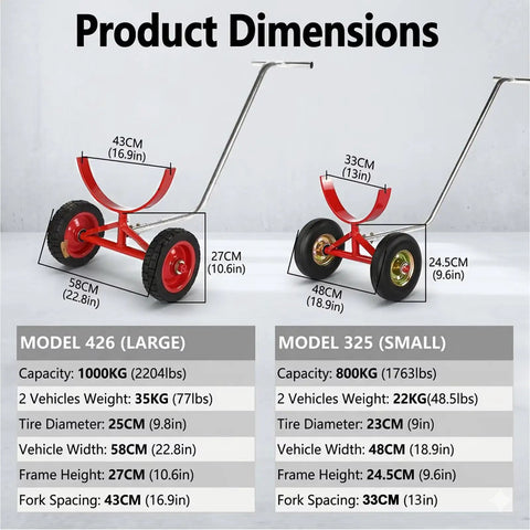 Two Pack Beefy Pipe Transport Cart With 360 Degree Rotating Cradle For Steel And PVC Pipes, Heavy Duty Pipe Dolly Carrier For Construction, Warehouse And Workshop, Handles Up To 1760 Lbs Load. Dimension chart for large and small models.