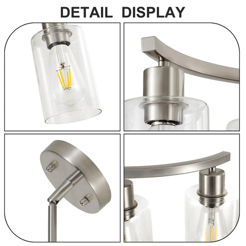 Close-up details of Three Light Brushed Nickel Pendant Chandelier For Kitchen Island, showing clear glass shade and brushed nickel finish.