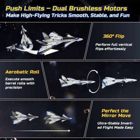 Rad 4 Channel Brushless RC Plane With LED Lights Ready To Fly Jet executing aerobatic maneuvers and flips