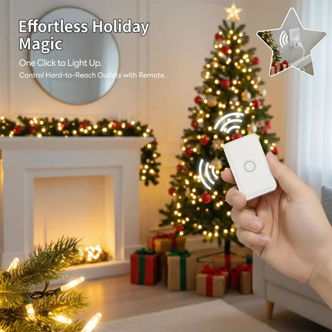Person using Wireless Remote Outlet Switch Kit With 656 Foot Range No Wiring Required Pre Programmed for holiday lights