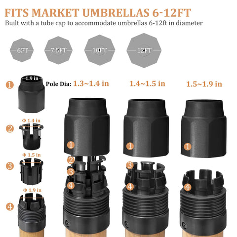 Teak Finish Patio Umbrella Base With Four Wheels, concrete stand components and pole adjustments for 6-12ft umbrellas.
