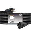 Outdoor Extension Cord 15 Feet Grounded Heavy Duty 16 AWG 3 Prong ETL Listed Black coiled in packaging