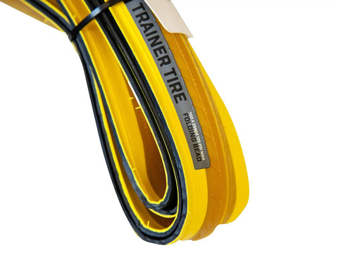 Indoor Trainer Tire for Road Bikes 700x25c Yellow, Ultra Quiet and Durable, folded and labeled close-up