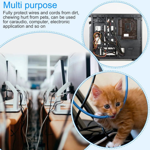 Collage showing expandable braided cable sleeve kit use with TV and computer cables, and a cat chewing a cable for safety context.