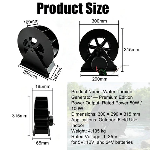 Micro Hydroelectric Generator For Outdoor Use 50W Disc Type Water Turbine With Belt Driven Output, dimensions and specs shown