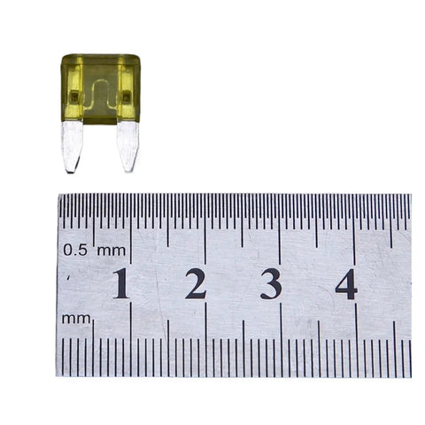 Single yellow car blade fuse with measurement scale, part of 60 And 120 Piece Car And Truck Blade Fuses Kit 5A 10A 15A 20A 25A 30A Fast Blow Assortment For Auto Electronics Waterproof Easy Replacement Accessories