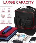 Front view of black seyfocnia luggage bag with wheels and handle; expandable foldable travel duffel with red trim