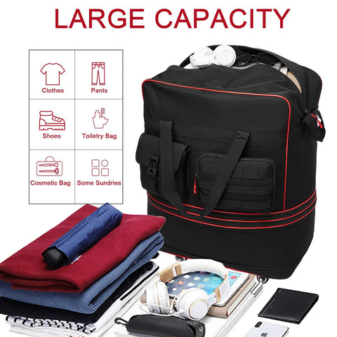 Front view of black seyfocnia luggage bag with wheels and handle; expandable foldable travel duffel with red trim