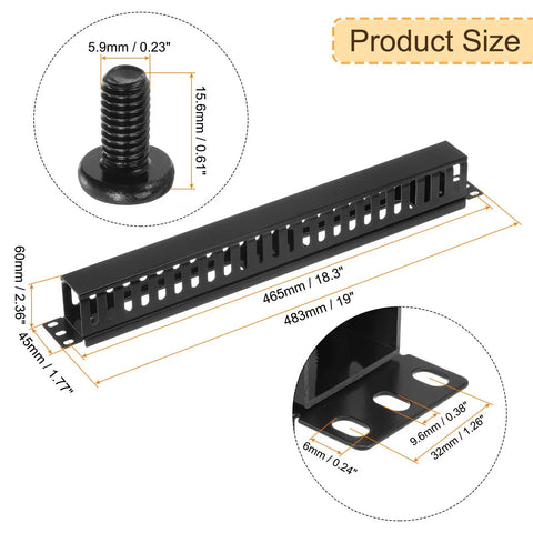 Diagram showing dimensions of 4 Pack 1U 19 Inch Cable Manager Kit For Network Racks, featuring metal finger duct mounts in black.