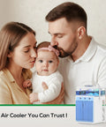 Family indoors with 4 In 1 Portable Evaporative Air Cooler With App Control, Rechargeable Mini AC in corner