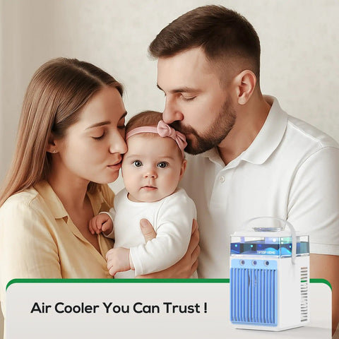 Family indoors with 4 In 1 Portable Evaporative Air Cooler With App Control, Rechargeable Mini AC in corner