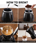 Step-by-step brewing guide for Stovetop Espresso Maker With Double Valve Tech Italian Moka Pot on wooden table.