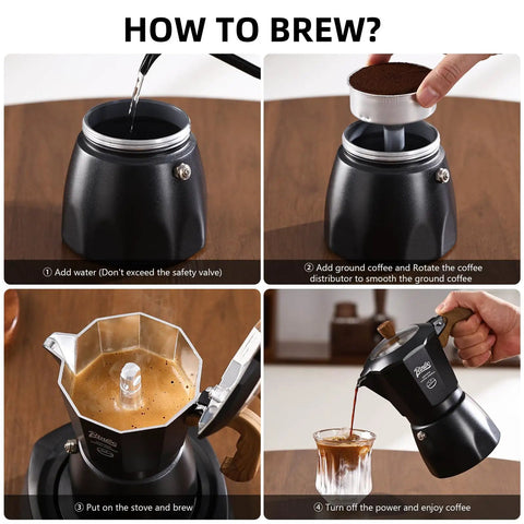 Step-by-step brewing guide for Stovetop Espresso Maker With Double Valve Tech Italian Moka Pot on wooden table.