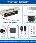Straight Up Secure 2026 Upgraded Electric Strike Door Lock Kit components including strike lock, button, remotes, and power supply.