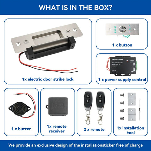 Straight Up Secure 2026 Upgraded Electric Strike Door Lock Kit components including strike lock, button, remotes, and power supply.