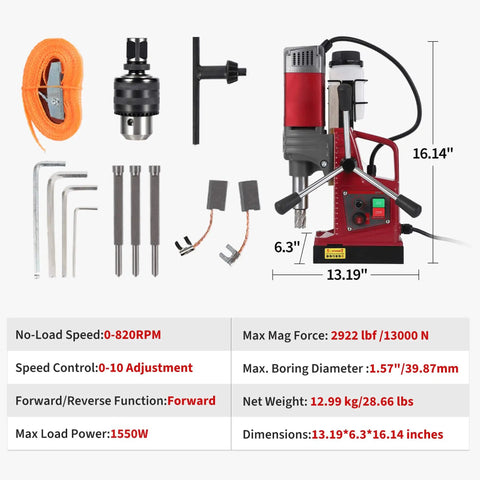 2 Inch Magnetic Drill Press Beast Power With 210mm Max Stroke 13000N Magnetic Force 1450W 820 RPM Portable Electric Mag Drill shown with accessories