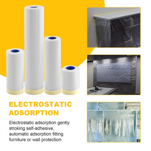 Pro Grade Pre-Taped Masking Film And Tape For Auto Painting And DIY Projects, 59 Inch x 66 Feet, rolls and usage examples