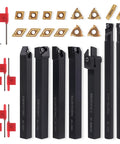 Indexable Lathe Turning Tool Kit With 3 By 8 Inch Shank 10mm, Pro Grade 7 Tool Holders And 14 Carbide Inserts, full tool set displayed