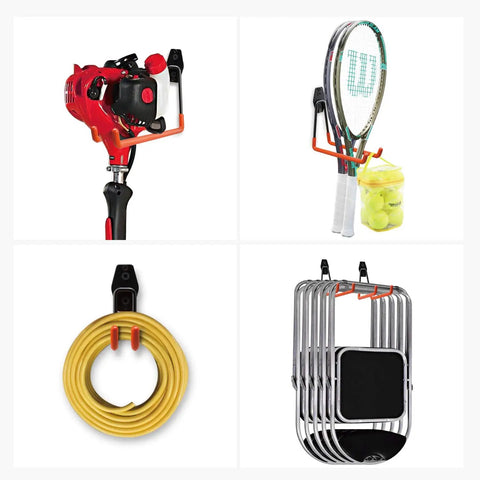 12 Pack Heavy Duty Garage Wall Hooks With Extension Cord Straps holding various tools, sports equipment, and chairs, orange and black.